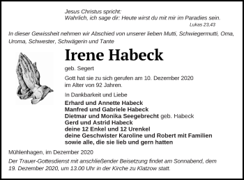 Traueranzeige von Irene Habeck von Vorpommern Kurier