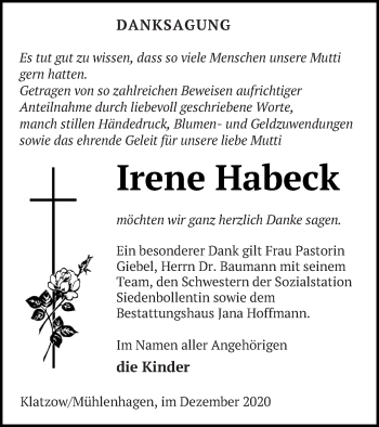 Traueranzeige von Irene Habeck von Neubrandenburger Zeitung