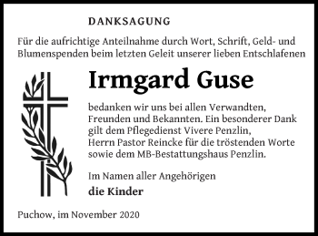 Traueranzeige von Irmgard Guse von Müritz-Zeitung