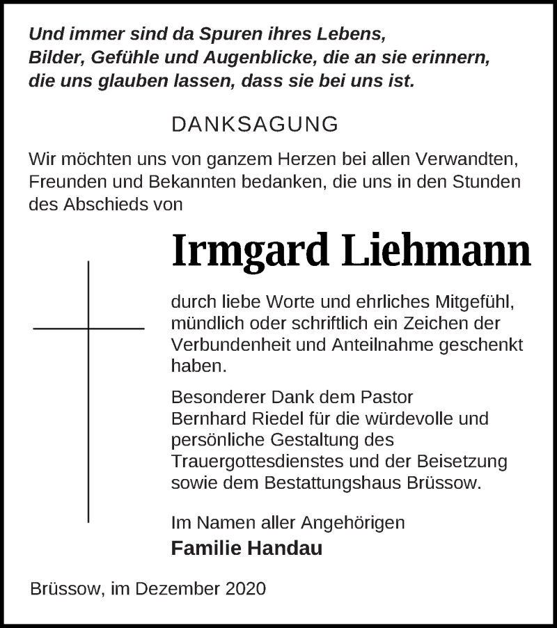  Traueranzeige für Irmgard Liehmann vom 18.12.2020 aus Pasewalker Zeitung