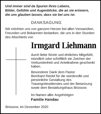 Traueranzeige von Irmgard Liehmann von Pasewalker Zeitung