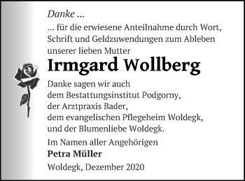 Traueranzeige von Irmgard Wollberg von Strelitzer Zeitung