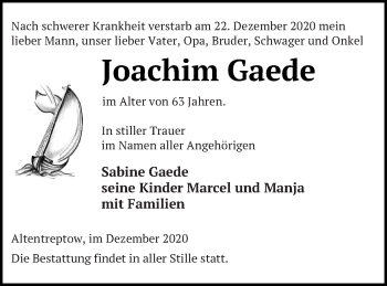 Traueranzeige von Joachim Gaede von Neubrandenburger Zeitung