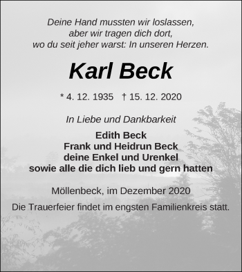 Traueranzeige von Karl Beck von Strelitzer Zeitung