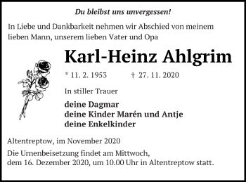 Traueranzeige von Karl-Heinz Ahlgrim von Neubrandenburger Zeitung