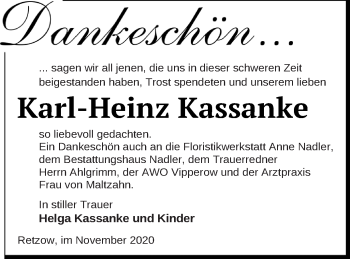 Traueranzeige von Karl-Heinz Kassanke von Müritz-Zeitung