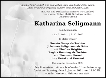 Traueranzeige von Katharina Seligmann von Prenzlauer Zeitung