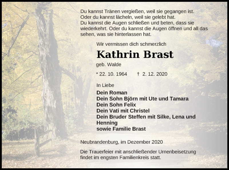  Traueranzeige für Kathrin Brast vom 12.12.2020 aus Neubrandenburger Zeitung