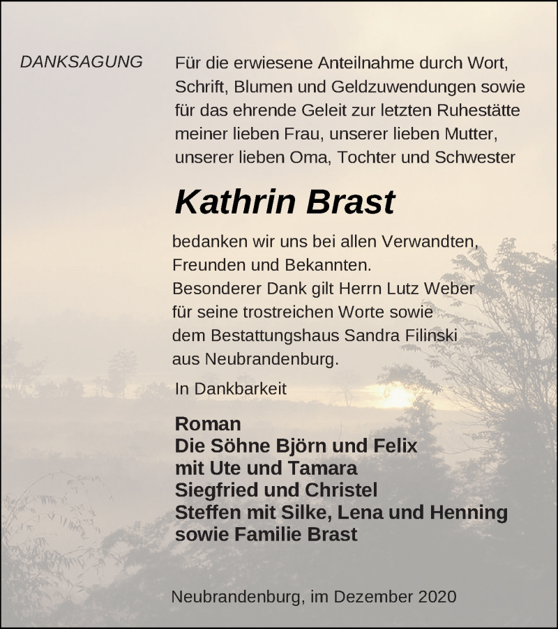  Traueranzeige für Kathrin Brast vom 19.12.2020 aus Neubrandenburger Zeitung