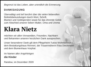 Traueranzeige von Klara Nietz von Demminer Zeitung