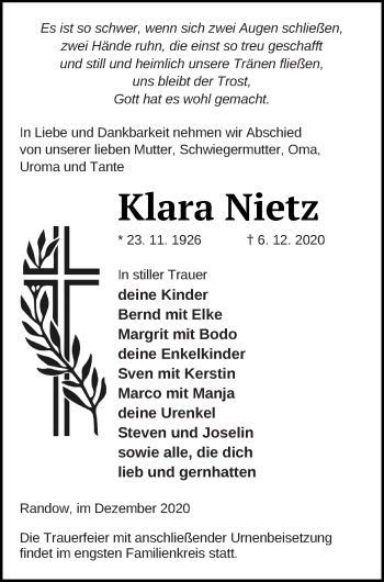 Traueranzeige von Klara Nietz von Vorpommern Kurier