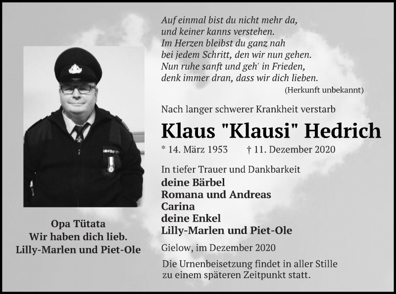  Traueranzeige für Klaus  Hedrich vom 29.12.2020 aus Mecklenburger Schweiz