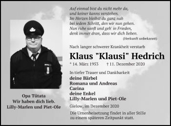 Traueranzeige von Klaus  Hedrich von Mecklenburger Schweiz