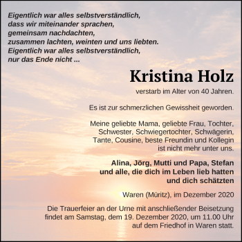 Traueranzeige von Kristina Holz von Müritz-Zeitung