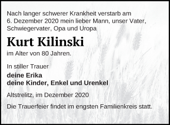 Traueranzeige von Kurt Kilinski von Strelitzer Zeitung