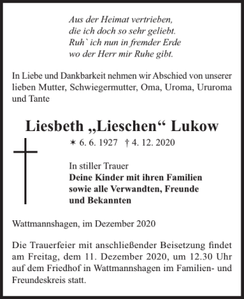 Traueranzeige von Liesbeth Lieschen Lukow von Güstrower Anzeiger