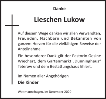 Traueranzeige von Lieschen Lukow von Güstrower Tageblatt