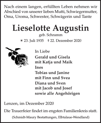 Traueranzeige von Lieselotte Augustin von Der Prignitzer