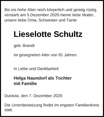 Traueranzeige von Lieselotte Schultz von Mecklenburger Schweiz