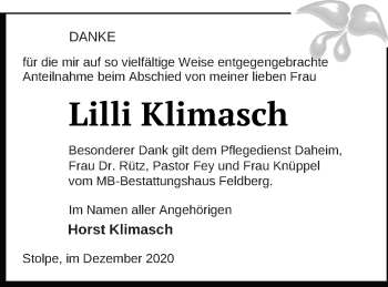 Traueranzeige von Lilli Klimasch von Strelitzer Zeitung