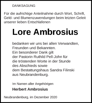 Traueranzeige von Lore Ambrosius von Neubrandenburger Zeitung