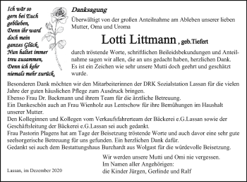 Traueranzeige von Lotti Littmann von Vorpommern Kurier