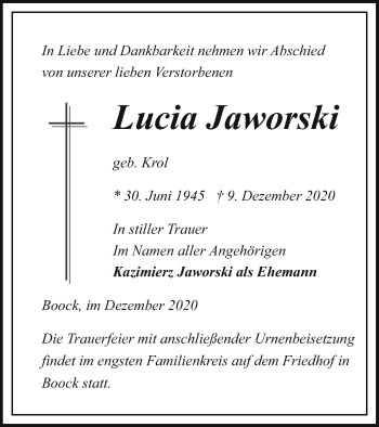 Traueranzeige von Lucia Jaworski von Pasewalker Zeitung