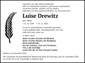 Traueranzeige von Luise Drewitz von Müritz-Zeitung