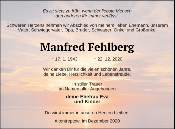 Traueranzeige von Manfred Fehlberg von Neubrandenburger Zeitung