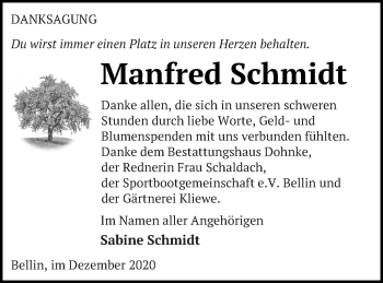 Traueranzeige von Manfred Schmidt von Haff-Zeitung