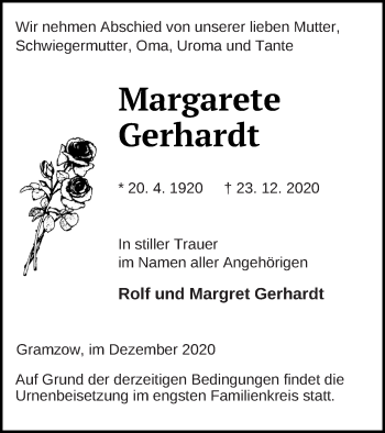 Traueranzeige von Margarete Gerhardt von Prenzlauer Zeitung