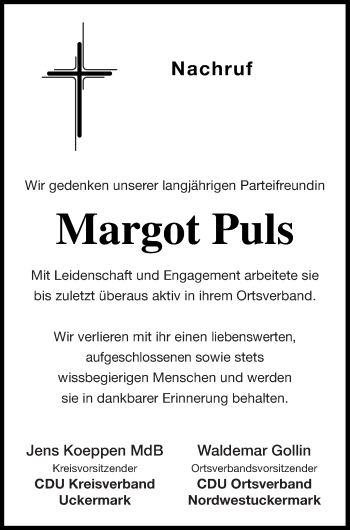 Traueranzeige von Margot Puls von Uckermark Kombination