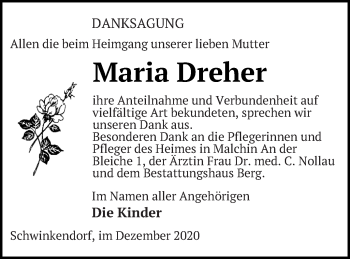 Traueranzeige von Maria Dreher von Mecklenburger Schweiz