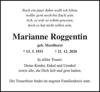 Traueranzeige von Marianne Roggentin von Norddeutsche Neueste Nachrichten