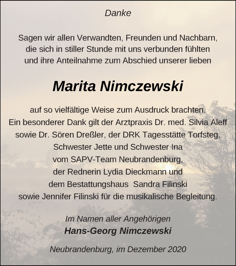  Traueranzeige für Marita Nimczewski vom 18.12.2020 aus Neubrandenburger Zeitung