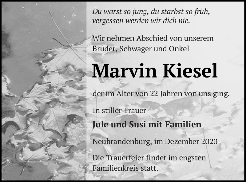  Traueranzeige für Marvin Kiesel vom 15.12.2020 aus Neubrandenburger Zeitung