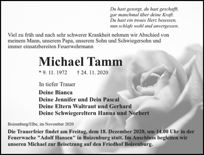  Traueranzeige für Michael Tamm vom 05.12.2020 aus Hagenower Kreisblatt