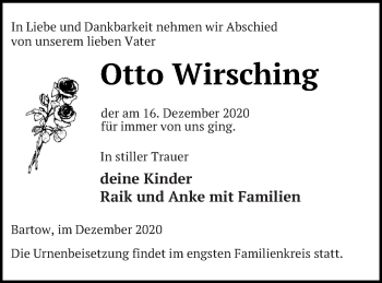 Traueranzeige von Otto Wirsching von Neubrandenburger Zeitung