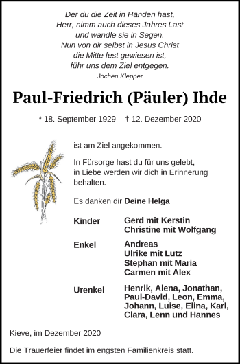 Traueranzeige von Paul-Friedrich Ihde von Müritz-Zeitung