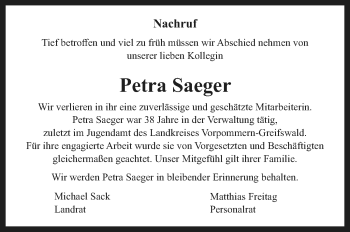 Traueranzeige von Petra Saeger von Vorpommern Kurier