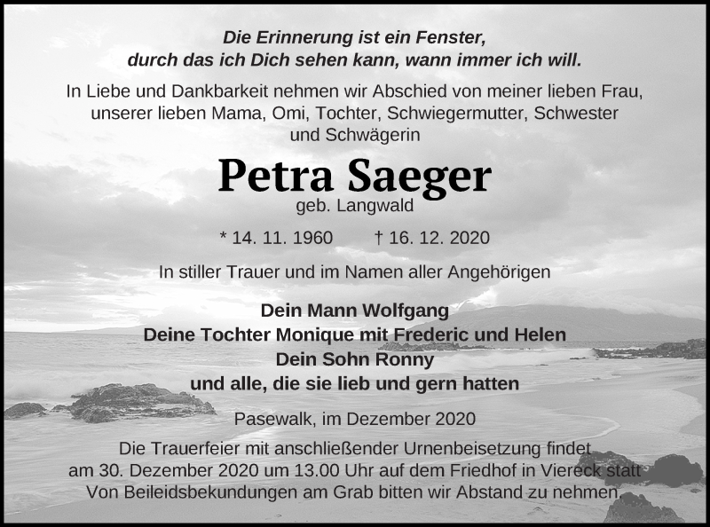  Traueranzeige für Petra Saeger vom 22.12.2020 aus Haff-Zeitung