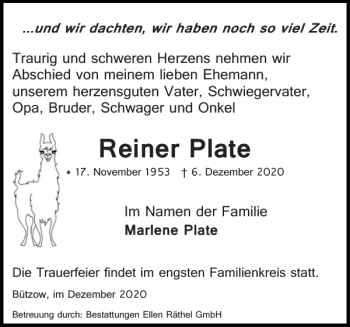 Traueranzeige von Reiner Plate von Bützower Zeitung