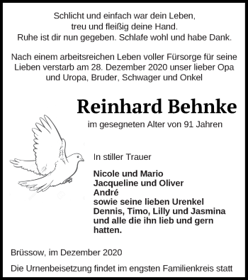 Traueranzeige von Reinhard Behnke von Prenzlauer Zeitung