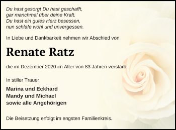 Traueranzeige von Renate Ratz von Templiner Zeitung