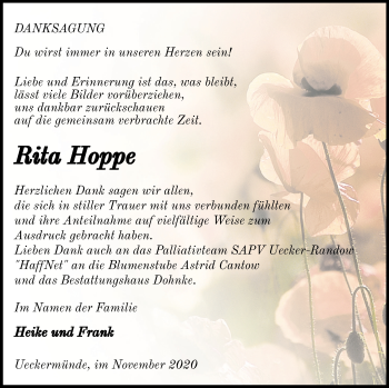 Traueranzeige von Rita Hoppe von Haff-Zeitung