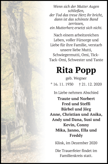 Traueranzeige von Rita Popp von Müritz-Zeitung