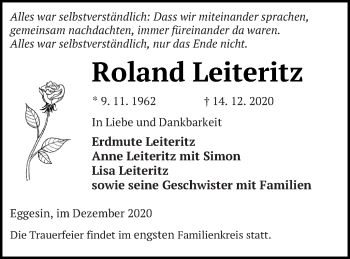 Traueranzeige von Roland Leiteritz von Haff-Zeitung