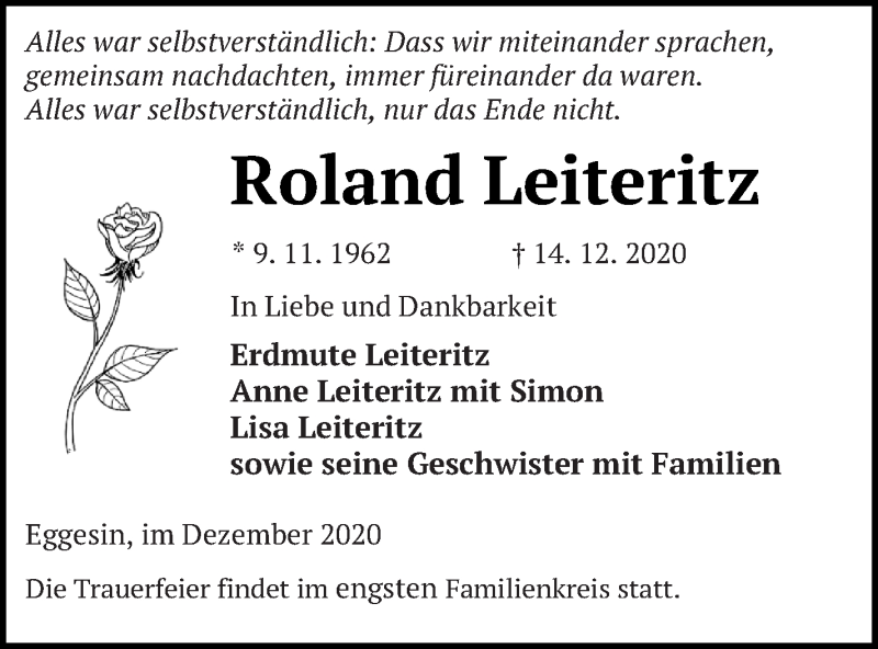  Traueranzeige für Roland Leiteritz vom 19.12.2020 aus Haff-Zeitung