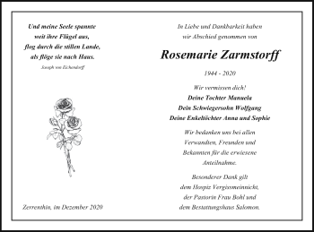 Traueranzeige von Rosemarie Zarmstorff von Pasewalker Zeitung