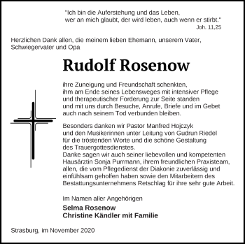 Traueranzeige von Rudolf Rosenow von Pasewalker Zeitung